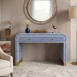 Bone Inlay Blue Striped Console Table, Modern Entryway Hall Furniture Storage Unit