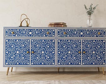Sideboard-Schrank mit blauer Knochenintarsie, handgefertigte Aufbewahrungskonsole