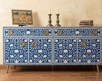 Aparador con incrustaciones de hueso azul, vitrina tipo buffet, mesa consola de almacenamiento tipo credenza hecha a mano