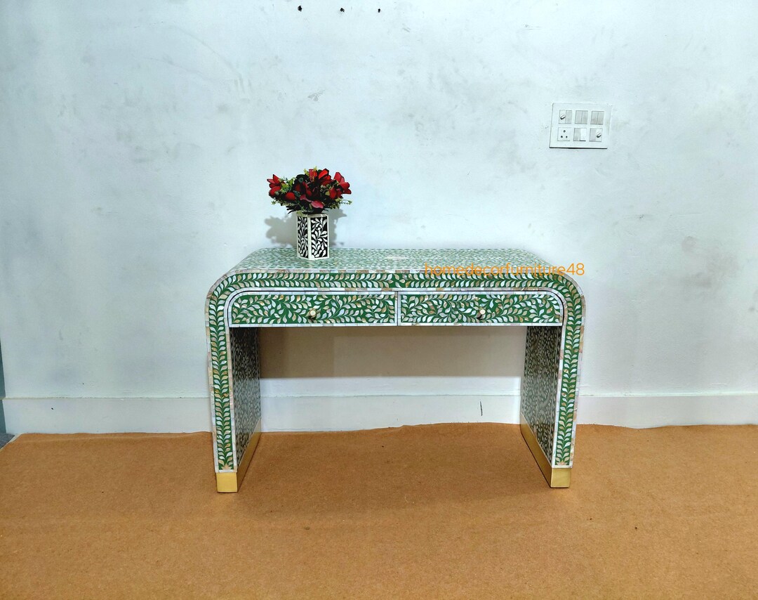 Handmade Green MOP Inlay Console Table: Floral Brass Accent Entryway ...
