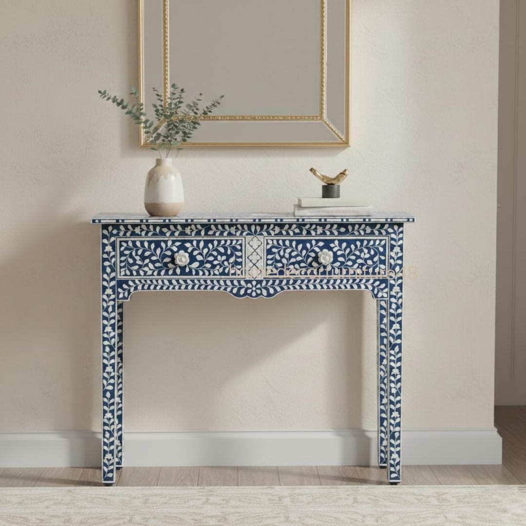 Bone Inlay Blue and White Floral Console Table With Handcrafted Drawers ...