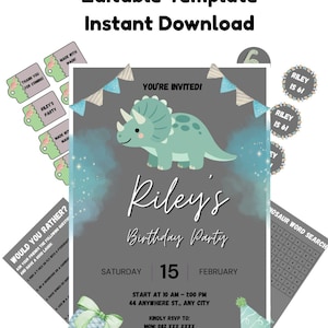 Peut inclure: Un ensemble de fête sur le thème des dinosaures avec un modèle modifiable pour un téléchargement instantané. L'invitation présente un triceratops vert et le texte "Riley's Birthday Party". Comprend des étiquettes assorties et une recherche de mots.