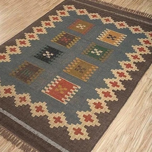 Tapete Navajo Kilim feito à mão, tapete asteca, tapete de destaque, tapete externo/tapete interno, sala de estar/jantar 8 x 10 pés. Tapete Kilim de lã e juta, tapete indiano