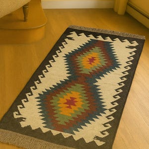Tapete Navajo Kilim feito à mão, tapete asteca, tapete de destaque, tapete externo/tapete interno, sala de estar/jantar 8 x 10 pés. Tapete Kilim de lã e juta, tapete indiano