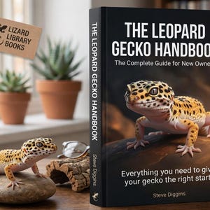 Könnte beinhalten: Ein Buch mit dem Titel "The Leopard Gecko Handbook" mit einem Gecko auf dem Cover. Ein lebender Gecko sitzt vor dem Buch auf einem Stein. Der Buchumschlag trägt den Text "The Complete Guide for New Owners."