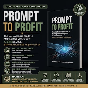Peut inclure: Couverture de livre avec le titre "Prompt to Profit" en lettres audacieuses. Le livre promet de guider les lecteurs sur la façon de gagner de l'argent avec les compétences en IA. Le texte inclut "Le guide sans fioritures" et "Avant que tout le monde ne le découvre."