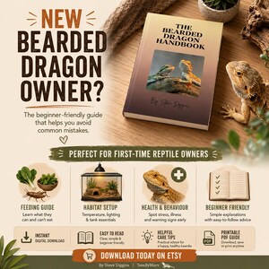 Op de afbeelding: Afbeelding die een beginnersgids voor baardagamen verzorgt, met een boek getiteld "The Bearded Dragon Handbook". De afbeelding bevat de tekst "New Bearded Dragon Owner?" en "Perfect for First-Time Reptile Owners".