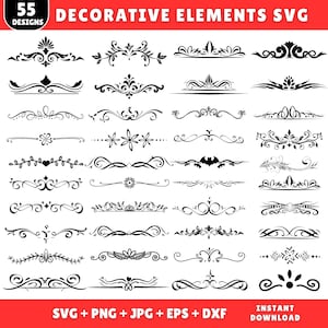 Può includere: Una collezione di 55 elementi di design decorativi neri in formato SVG. I disegni includono bordi e divisori floreali, a scorrimento e ornamentali. L'immagine include anche il testo "DECORATIVE ELEMENTS SVG" e "INSTANT DOWNLOAD".