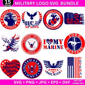 May include: A collection of 15 military-themed SVG designs. The designs include patriotic emblems, such as the US Marine Corps logo, Navy seals, and eagle illustrations. The color palette is primarily red, white, and blue. Text includes "Proud Veteran" and "Made in USA".