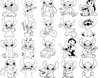 May include: A black and white SVG bundle featuring 35 designs of the character Stitch in various poses. Stitch is shown with a lollipop, playing guitar, riding a skateboard, and more. The text "STITCH SVG BUNDLE" is at the top.