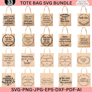 May include: A collection of 33 tote bag designs in SVG, PNG, JPG, EPS, DXF, and PDF formats. Each beige tote bag features a unique design with inspirational quotes and decorative elements. The bags have handles for carrying.