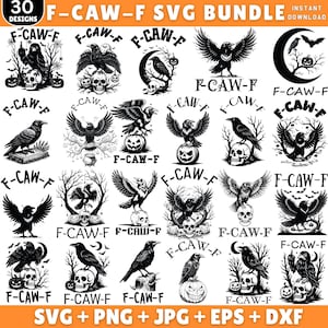 Puede incluir: Un paquete SVG digital con 30 diseños de cuervos negros, calaveras y elementos de Halloween. Cada diseño incluye el texto "F-CAW-F". Formatos: SVG, PNG, JPG, EPS y DXF. Los diseños están sobre un fondo naranja.