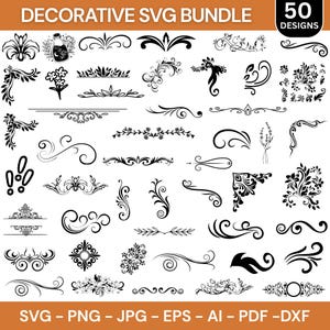 Pacchetto SVG decorativo, SVG floreale, SVG di elementi decorativi, SVG di ornamenti, file di taglio Cricut, clipart decorative, download istantaneo, silhouette
