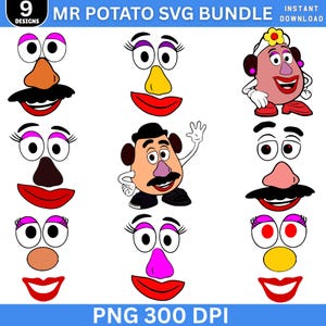 May include: A digital graphic bundle featuring nine different designs of Mr. Potato Head facial features. The designs include eyes, noses, mouths, and mustaches in various colors. The text "MR POTATO SVG BUNDLE" is at the top.