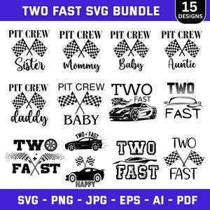 Op de afbeelding: Een digitale SVG-bundel met 15 ontwerpen met racethema. De ontwerpen omvatten geblokte vlaggen, de woorden "Pit Crew" met familietitels, raceauto's en de tekst "Two Fast". Formaten: SVG, PNG, JPG, EPS, AI en PDF.