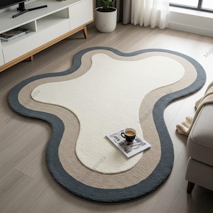 Off White Irregular Hand Tufted Wool Rugs for Living Room, Modern Abstract Wavy Kids Room Rugs, High Pile Freeform Indoor Area Bedroom Rugs