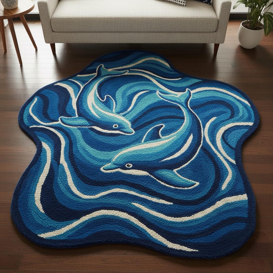White Blue Dolphin Hand Tufted Wool Rug, Irregular Ocean Waves Coastal ...