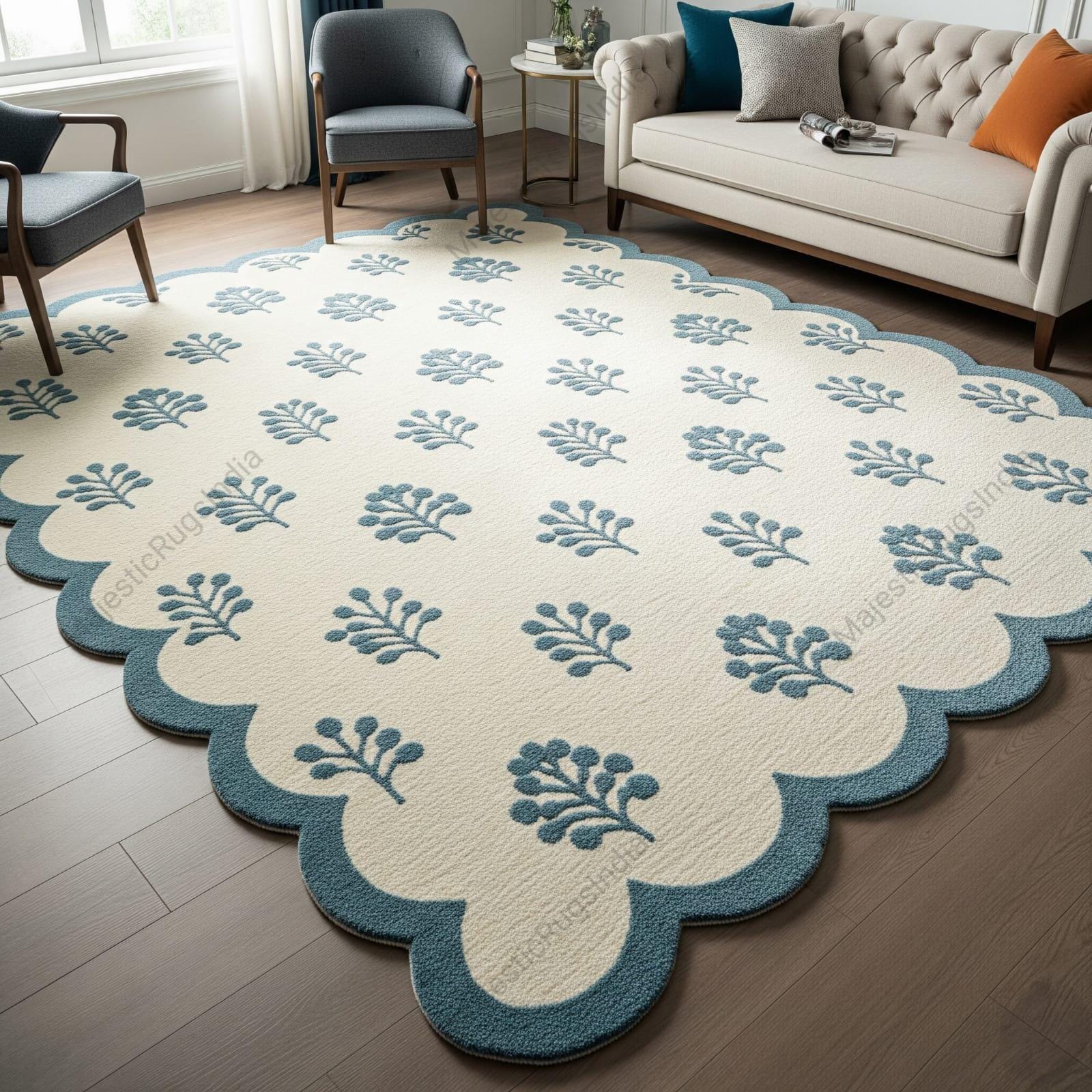 Ivory Dusty Blue Floral Hand Tufted Rug 5x8, Modern Scalloped ...