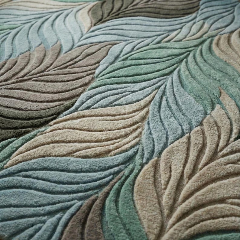 Coastal Leaf Wool Rug, Hand Tufted Mint Blue Green Custom Area Rugs - Etsy