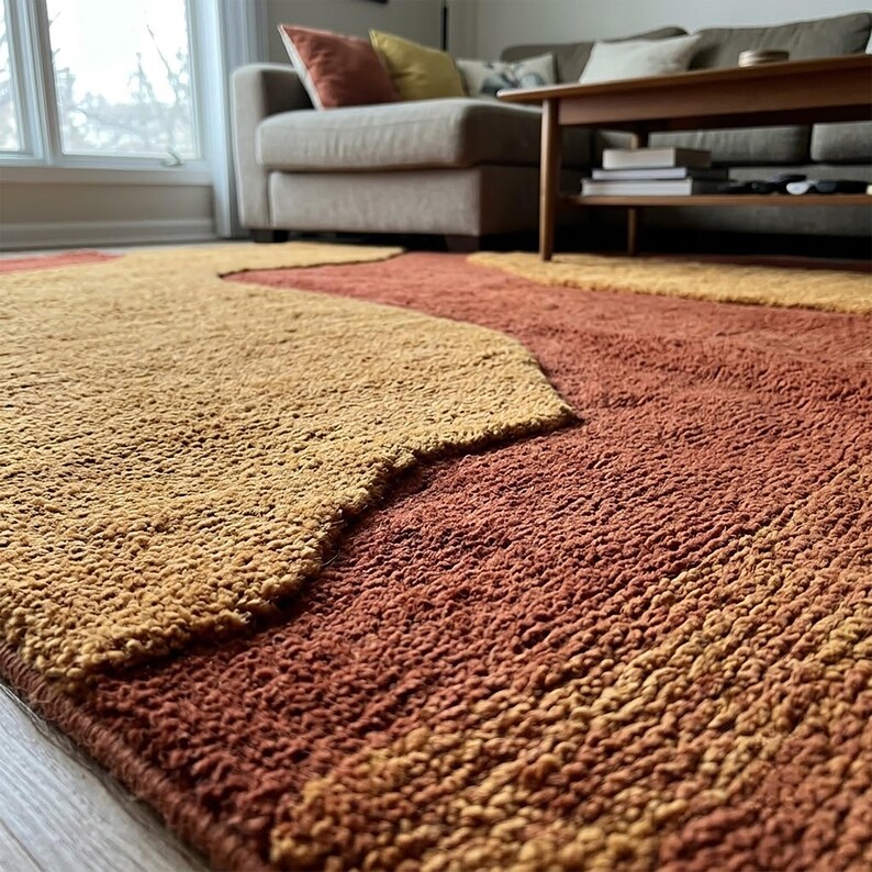 Close-up of the rug’s hand-tufted wool texture, showing fine horizontal pile detail and softly raised boundaries between terracotta and mustard sections.