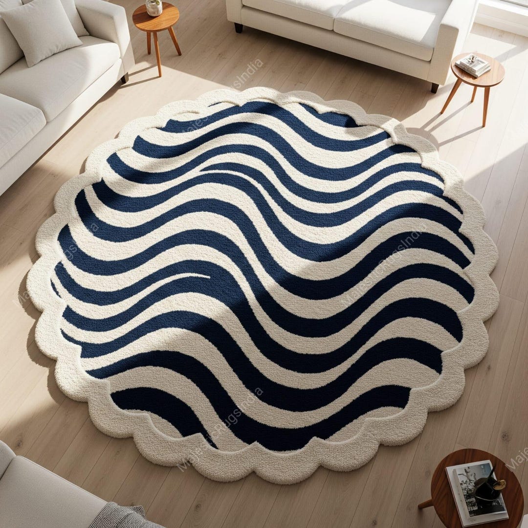 Blue off White Round Tufted Wavy Stripe Scalloped Rugs for Bedroom ...