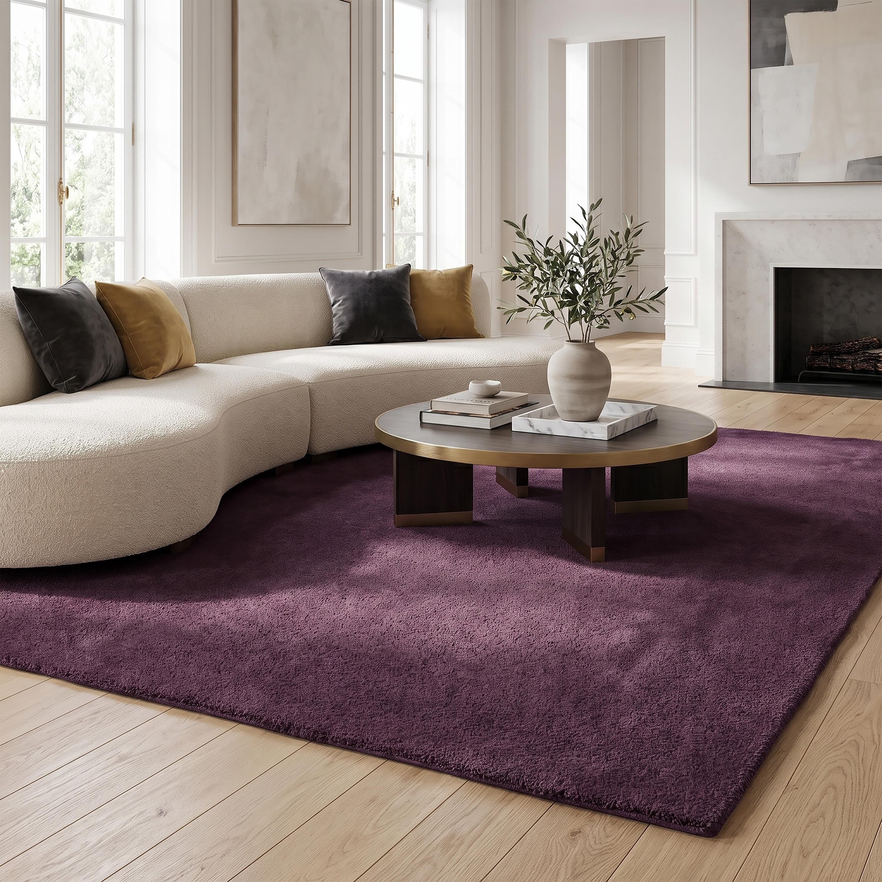 Aubergine Purple Wool Rug 9x12, Hand Tufted Solid Minimalist Bedroom Area Rug