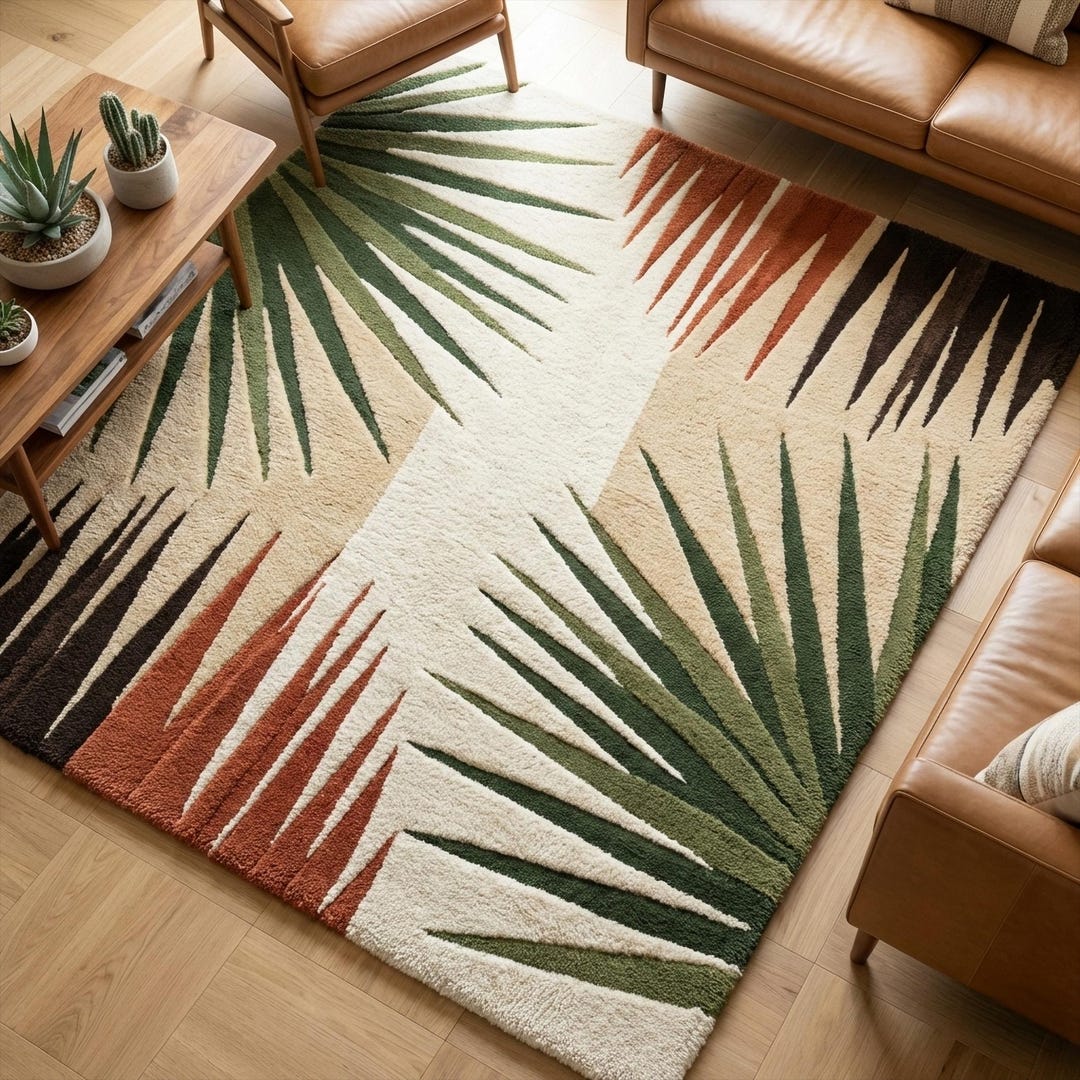 Yucca Green Leaf Wool Rug, Abstract Hand Tufted Modern Area Rugs for ...