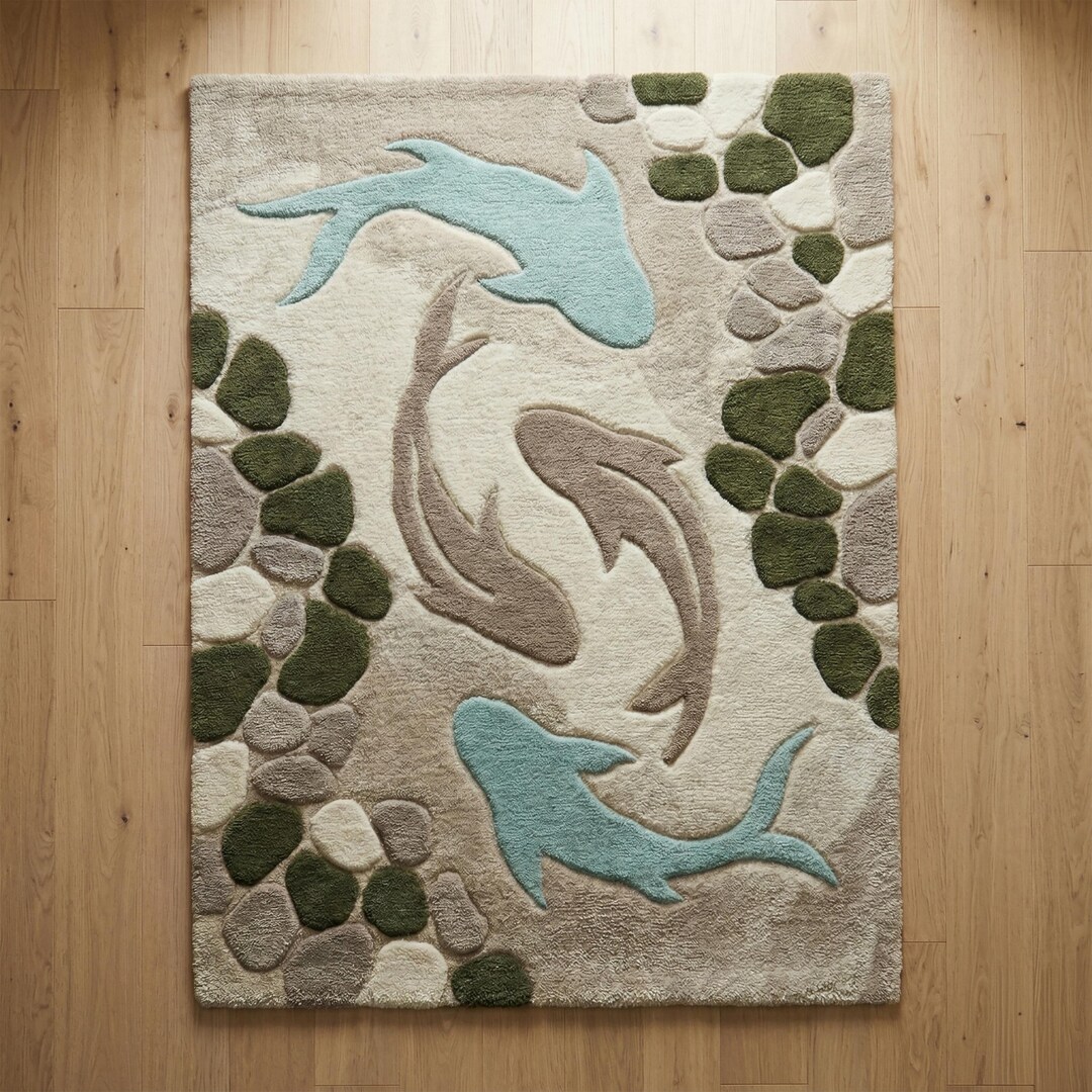 Fish Tuft Rug Koi Pond Tufted Rug, Abstract Pebble Fish Wool Area Rugs - Etsy
