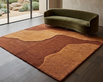 Terracotta Wavy Abstract Wool Rug, Hand Tufted Mustard Ochre Large Living Room Rug