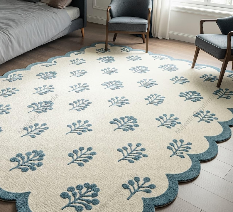Ivory Dusty Blue Floral Hand Tufted Rug 5x8, Modern Scalloped ...