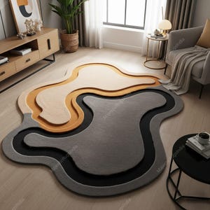 Black Cream Irregular Hand Tufted Rugs for Bedroom, Modern Abstract Amoeba Shape Kids Room Rugs, Wavy Freeform Organic Design Textured Rugs