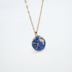 Blue Earth World Map Necklace: Gold Stainless Steel Travel Jewelry