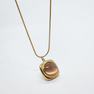Gold Pendant Necklace With Pink Stone Center Minimalist Vintage Look Jewelry For Women Elegant Dainty Gift Idea For Her Everyday Style