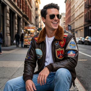 Puede incluir: Chaqueta bomber de cuero marrón con cuello de borrego y varios parches bordados. La chaqueta tiene cremallera frontal y puños acanalados. La persona lleva vaqueros azules y gafas de sol. Estilo aviador clásico.