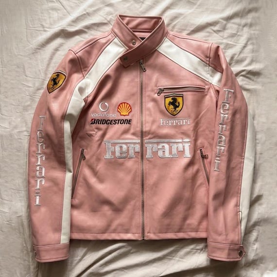 Vintage 90s Ferrari F1 Racing Pink Leather Jacket – Motorsport Biker Unisex Streetwear
