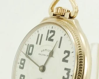 Relógio de bolso vintage Hamilton grau 992B, tamanho 16, 21 rubis, elegante caixa em ouro amarelo (banhado), modelo nº 16 SB&B.