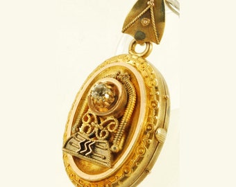 Gold-toned & crystal oval locket pocket watch chain fob with a railroad train engine design