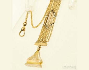 4" Hayward vintage yellow gold (filled) multi-strand ribbon-style pocket watch chain with an engraved stamp fob