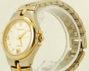 Armitron ladies quartz with date wrist watch, yellow gold plated & stainless steel round case, matching band
