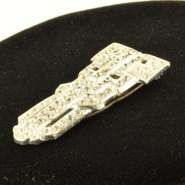 Vintage art-deco silver-plated and rhinestone shoe clip with diamond-shaped center detail