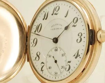 Relógio de bolso vintage Illinois grade 304 "Illinois Central", tamanho 16, 17 rubis, caixa de caça totalmente gravada em ouro amarelo maciço (banhado a ouro), caixa de caça totalmente gravada.