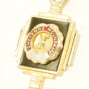 Kinney yellow gold filled & enamel lantern-shaped Cheyenne Mountain HS high school pocket watch chain fob image 1