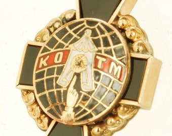 Portachiavi con catena per orologio da tasca vintage in oro giallo (riempito), pietra e smalto elaborato a forma di croce pattée dei Cavalieri dei Maccabei (KOTM)