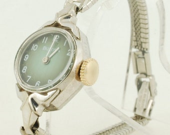 Bulova vintage ladies' wrist watch, 17 jewels, elegant silver-toned & stainless steel oval case with art-deco accents