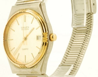 Gruen Precision quartz with date wrist watch, thin-model gold-toned & stainless steel cushion-shaped case