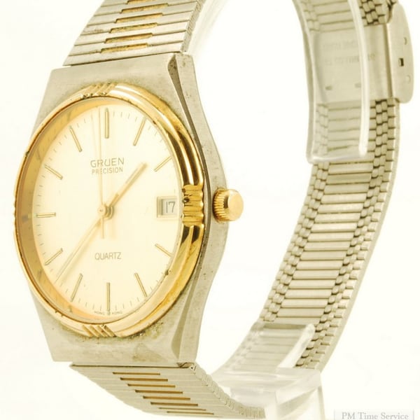 Gruen Precision quartz with date wrist watch, thin-model gold-toned & stainless steel cushion-shaped case