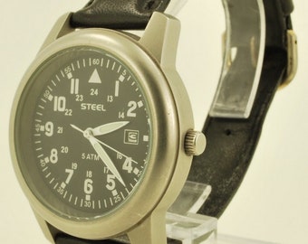 Steel quartz with date wrist watch, silver-toned gunmetal water-resistant case, black Canadian-style dial