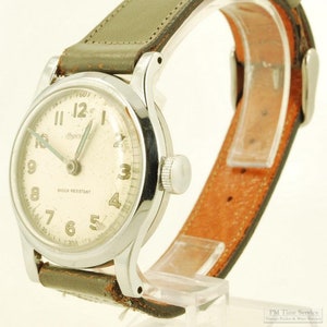Ingersoll/US Time "dollar watch" vintage wrist watch, 1 jewel, heavy round smooth polish chrome & stainless steel case