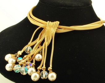 Vintage gold-toned, crystal and glass pearl multi-strand 18-21" necklace