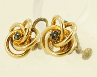 Vintage yellow gold (filled) & sapphire knot-style screw-back earrings, elegant smooth polish strands